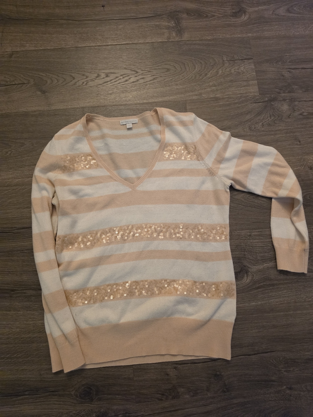 New York & Company Cream and Tan Striped V-Neck Sweater with Sequins